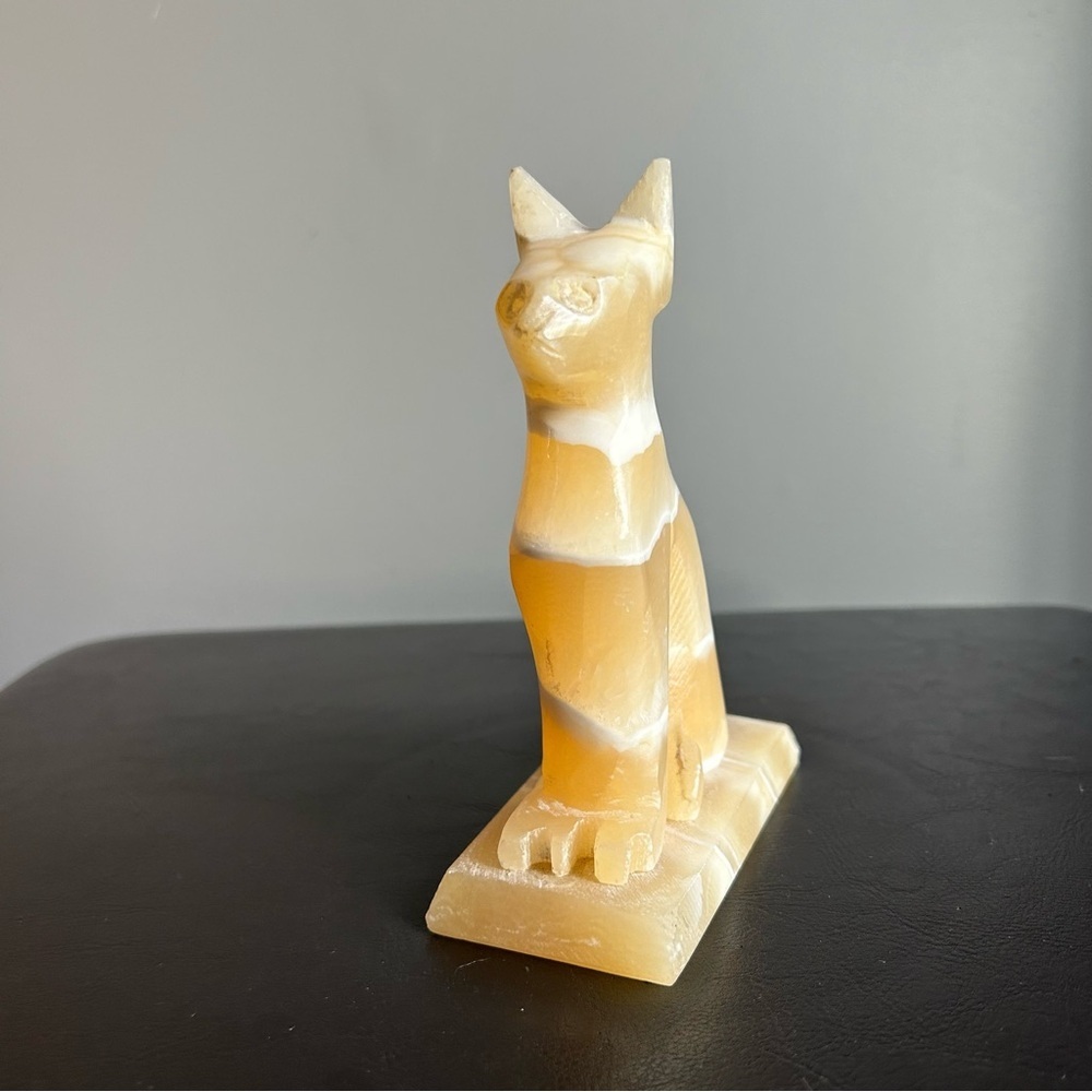 Yellow Marble Onyx Egyptian Cat Carved Stone Figure